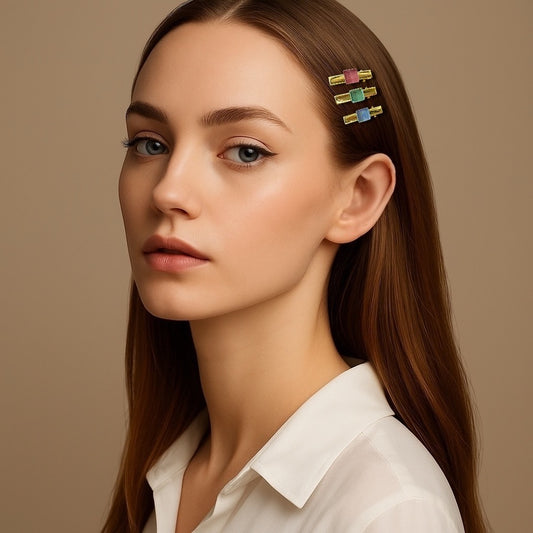 Small Hair Clips with glass square detail, Blue, Green & Dark Pink Trio