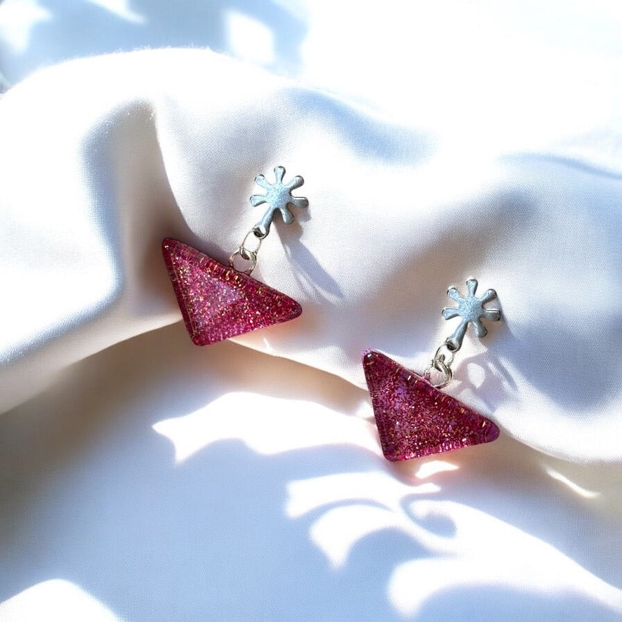 Glass Triangle Flower Stud Earrings, Magenta