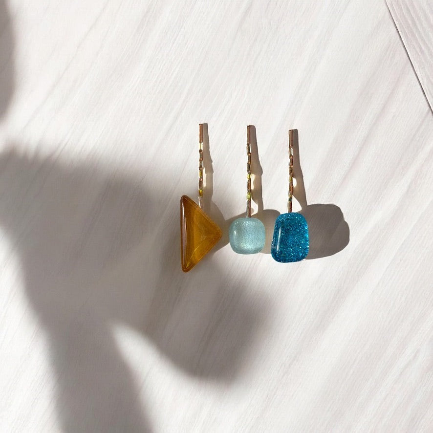 Glass Hair Pin Set, in Caramel, Aqua & Sparkly Blue
