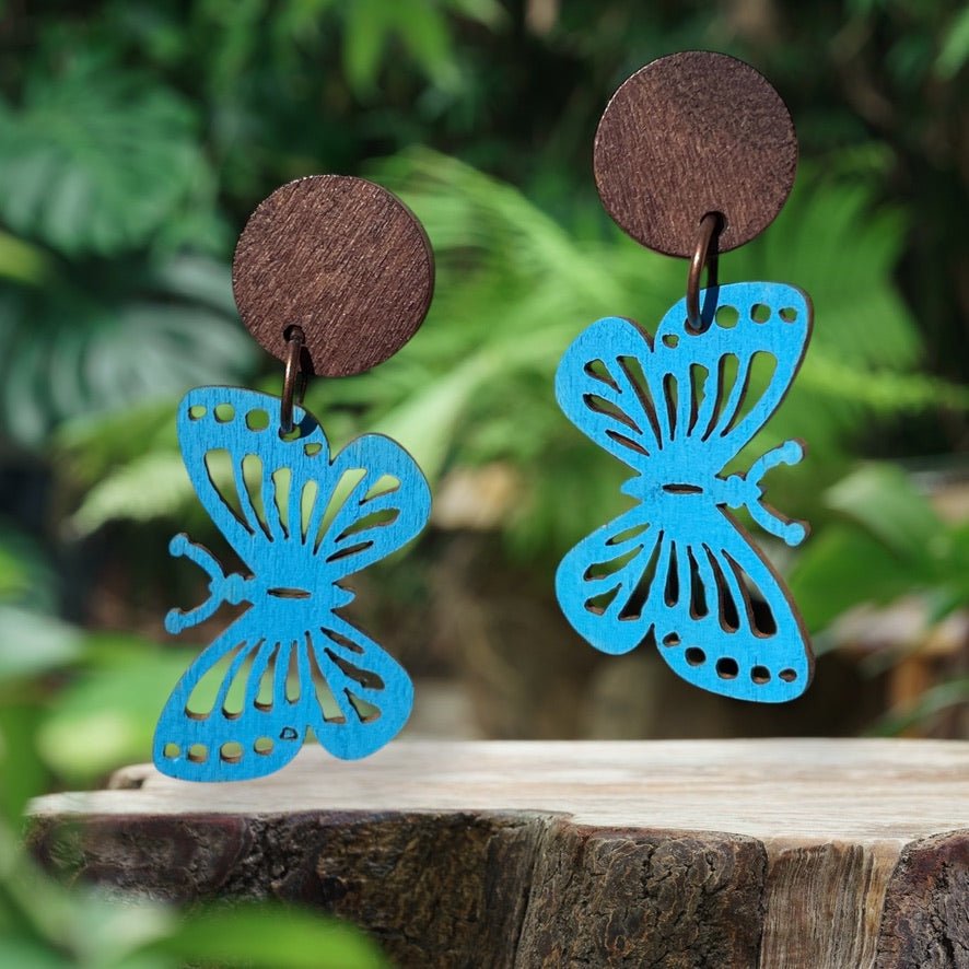 Butterfly I Wooden Earrings, Block Colour Dark Blue & Midtone Blue - Bronze Finish - jewellery - Eclectic Blue Studio