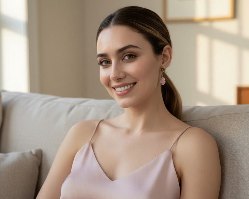 Close-up of a woman wearing pink earrings with a neutral background