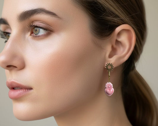 Sacred Heart Sun Disk Stud Earrings - Pink