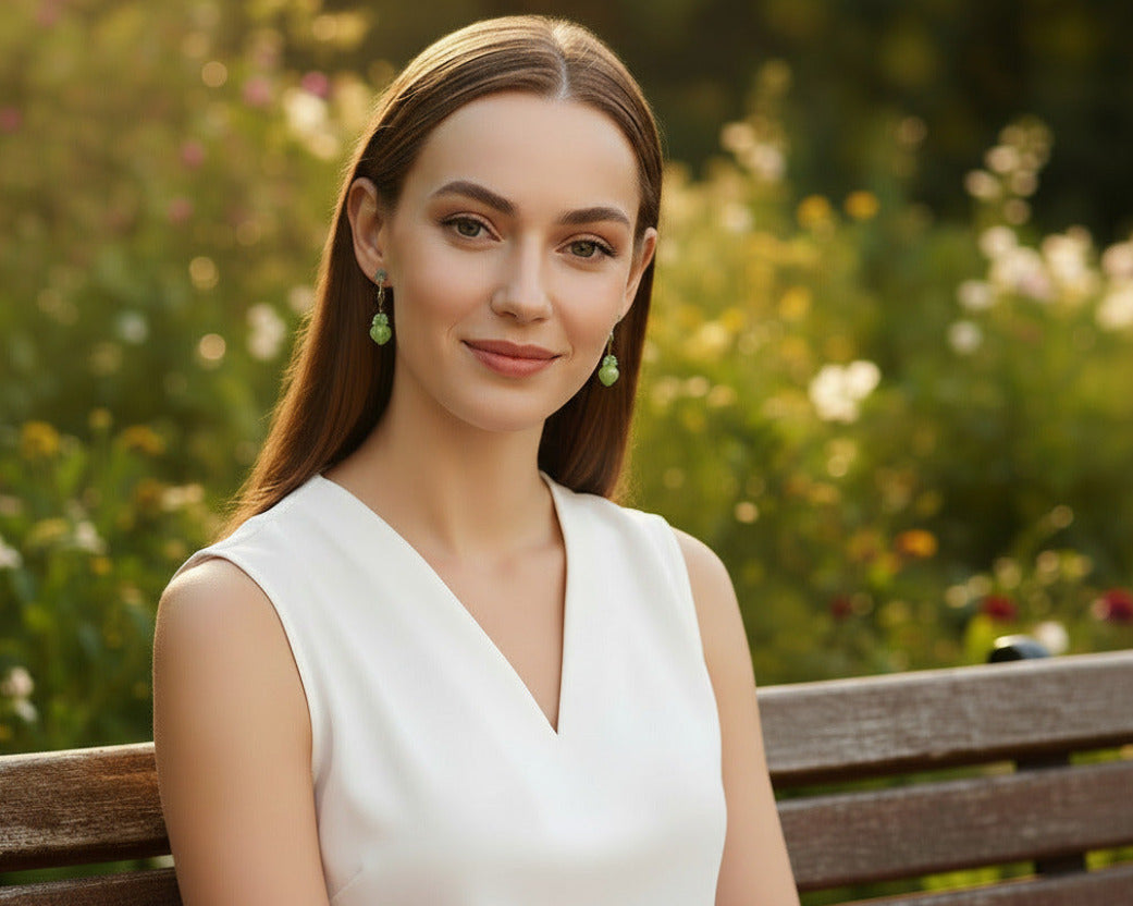 Woman in a white sleeveless top sitting on a wooden bench with a blurred natural background, wearing heart shaped green earrings, smiling at the camera.