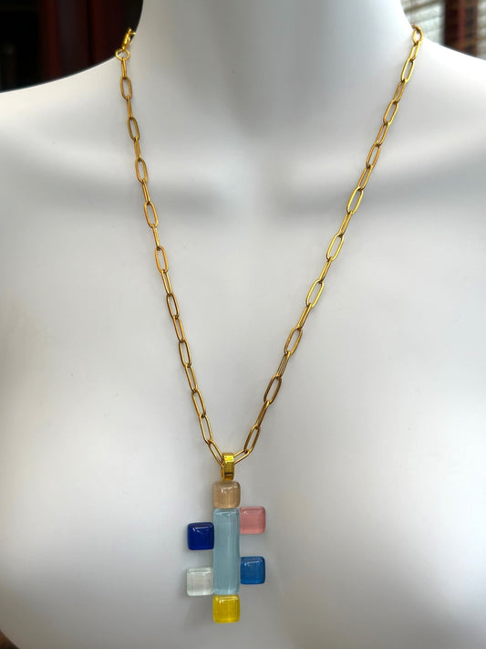 Abstract Key Fused Glass Pendant Necklace, Multicolour - jewellery - Eclectic Blue Studio