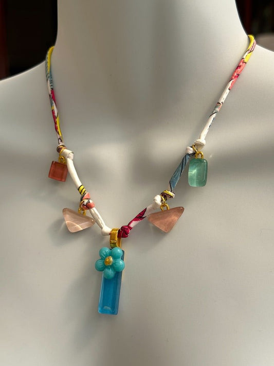 Fabric Cord Glass Charms Necklace, Pinks & Blue - jewellery - Eclectic Blue Studio