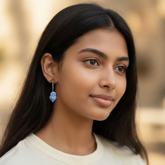 Sacred Heart Sun Disk Stud Earrings - Light Blue