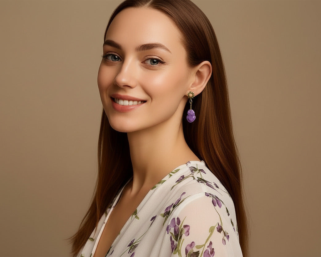 Sacred Heart Sun Disk Stud Earrings - Purple