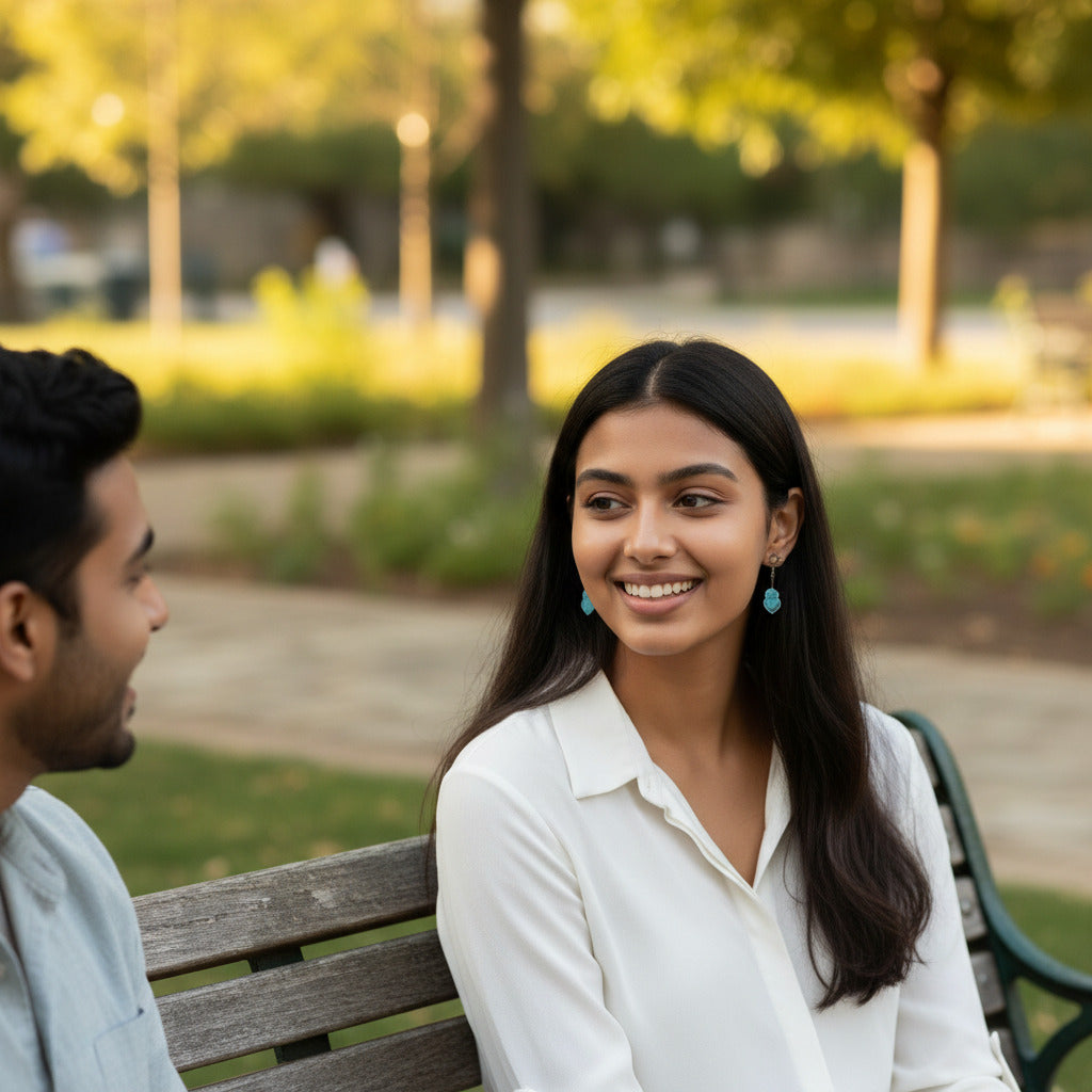 Woman wearing a green heart-shaped earring with a blurred background seating on a bench smiling and talking to someone else