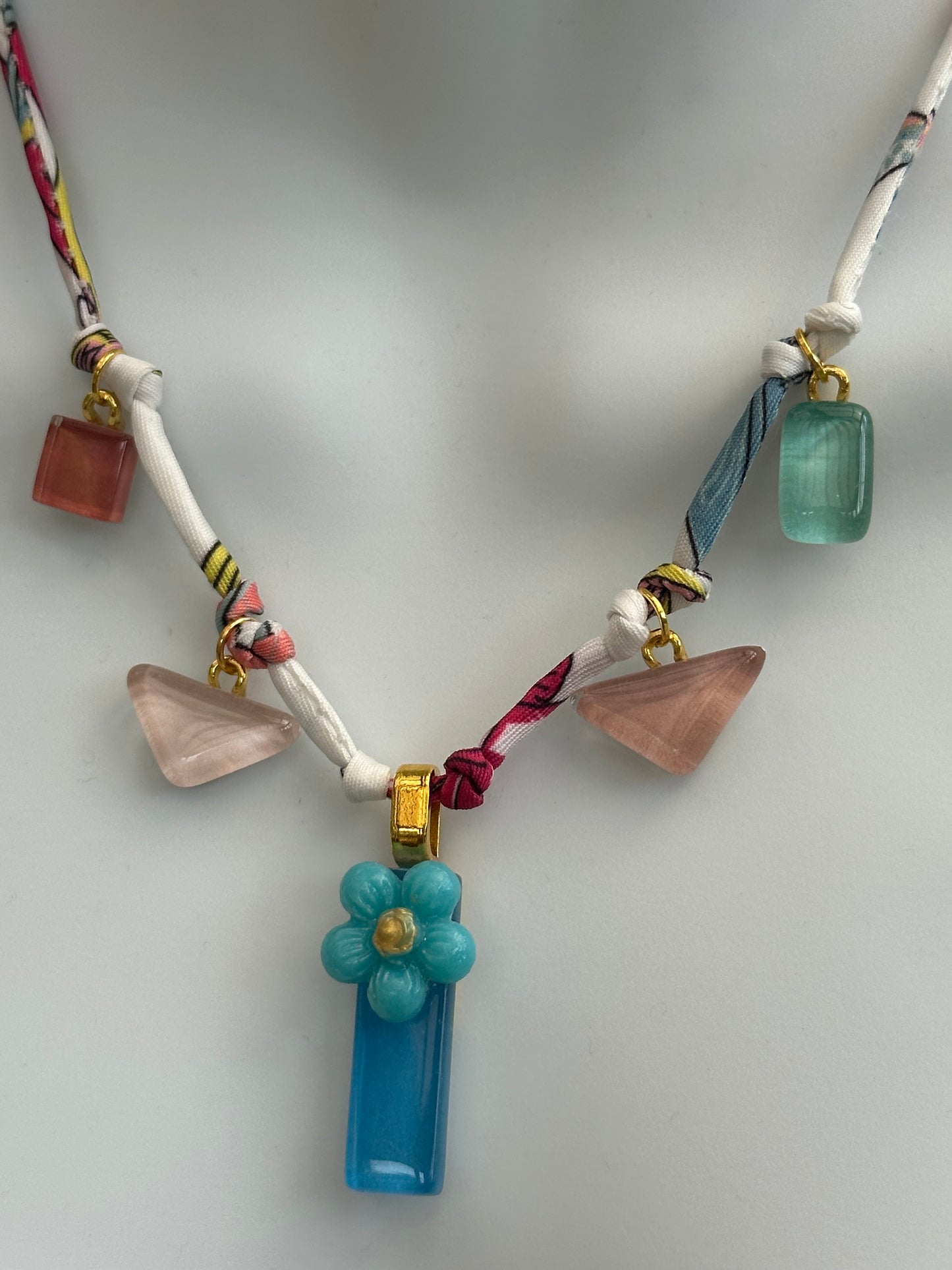 Fabric Cord Glass Charms Necklace, Pinks & Blue