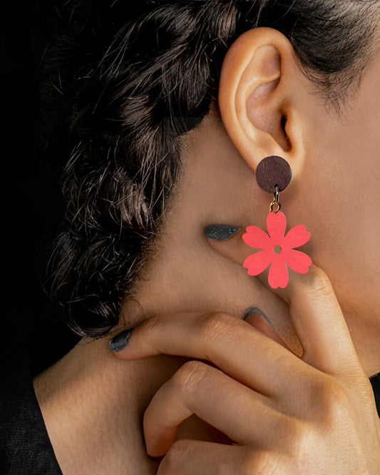 Flower I Wooden Earrings, Block Colour Red Orange - Gold Finish