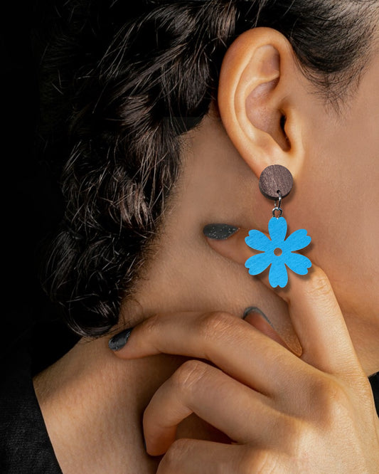 Flower I Wooden Earrings, Block Colour Midtone Blue - Silver Finish