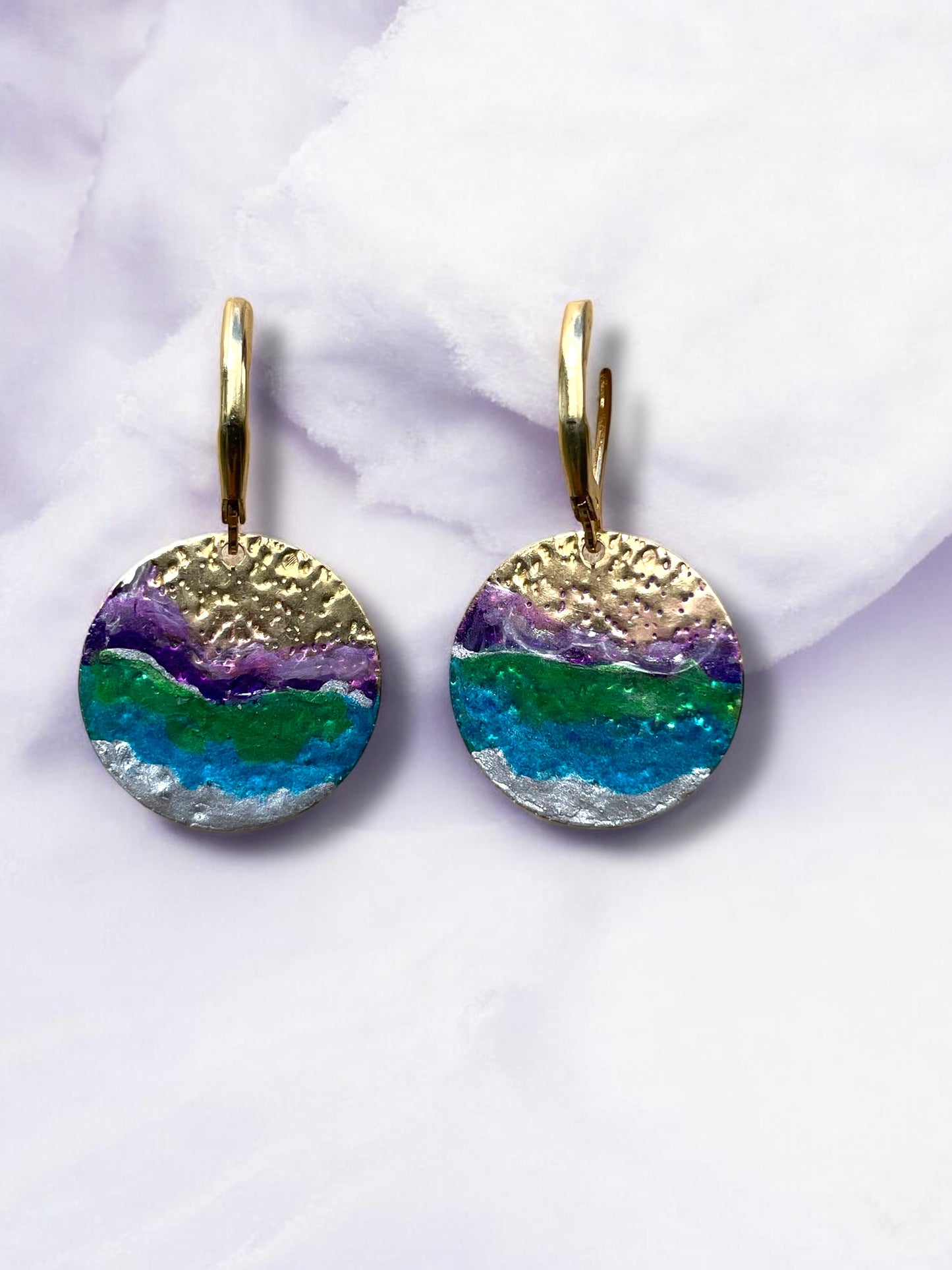 Cold Enamel Coin Earrings, Silver, Bluegreen & Purple
