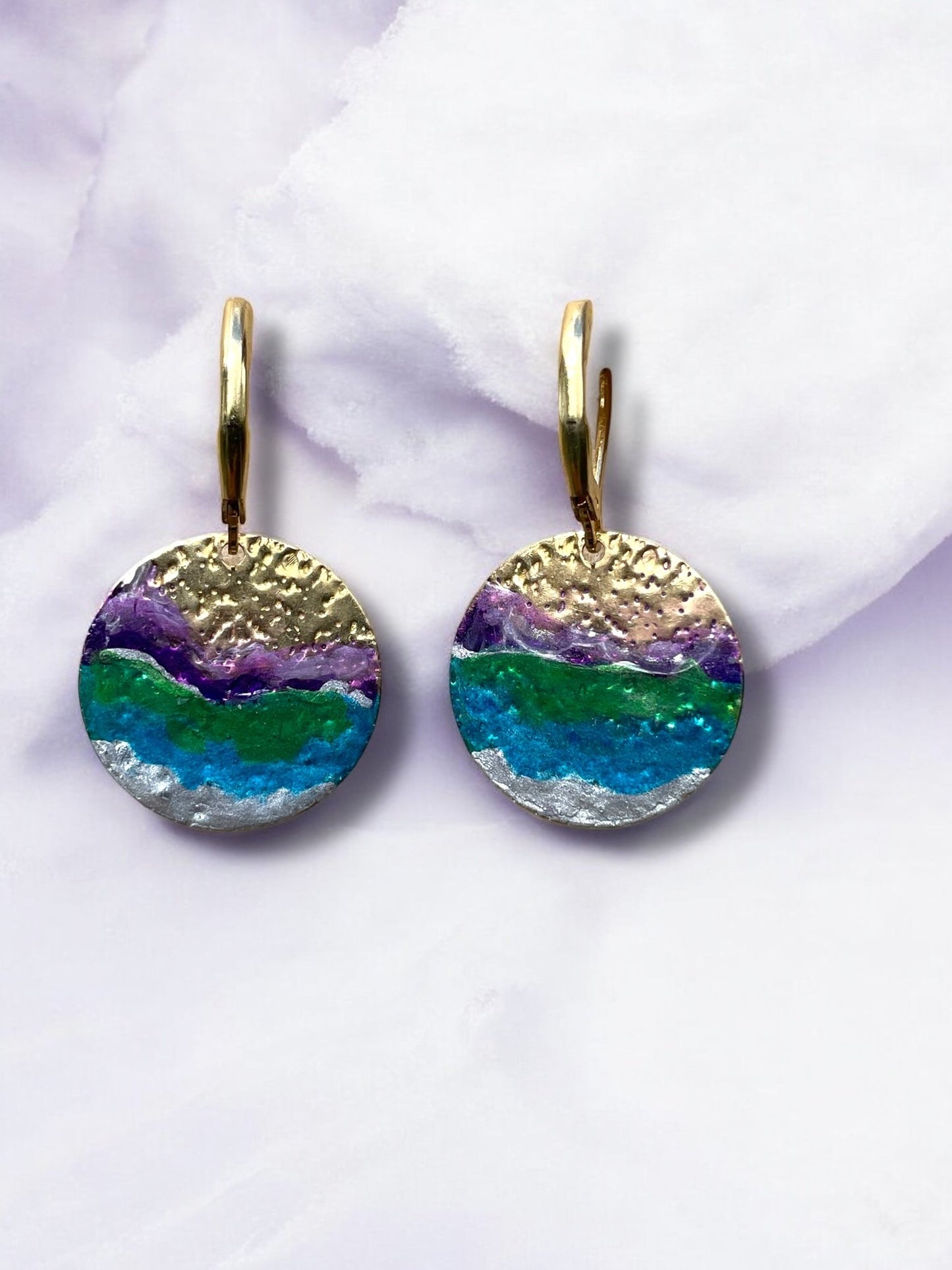 Cold Enamel Coin Earrings, Silver, Bluegreen & Purple - jewellery - Eclectic Blue Studio