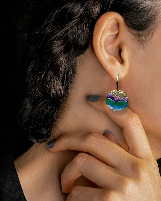 Cold Enamel Coin Earrings, Silver, Bluegreen & Purple