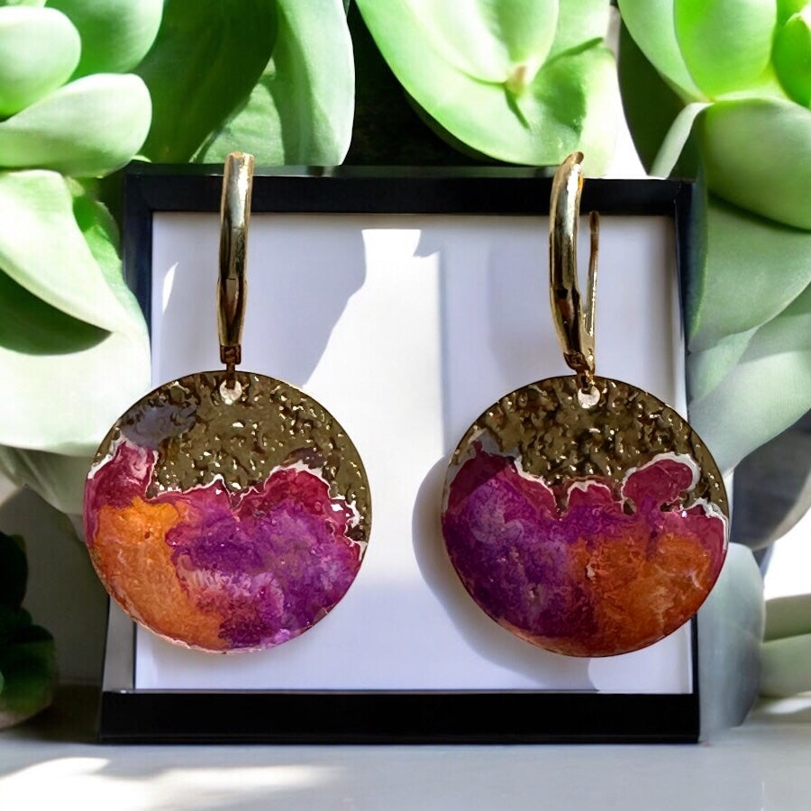 Cold Enamel Coin Earrings, Hot Pink & Orange