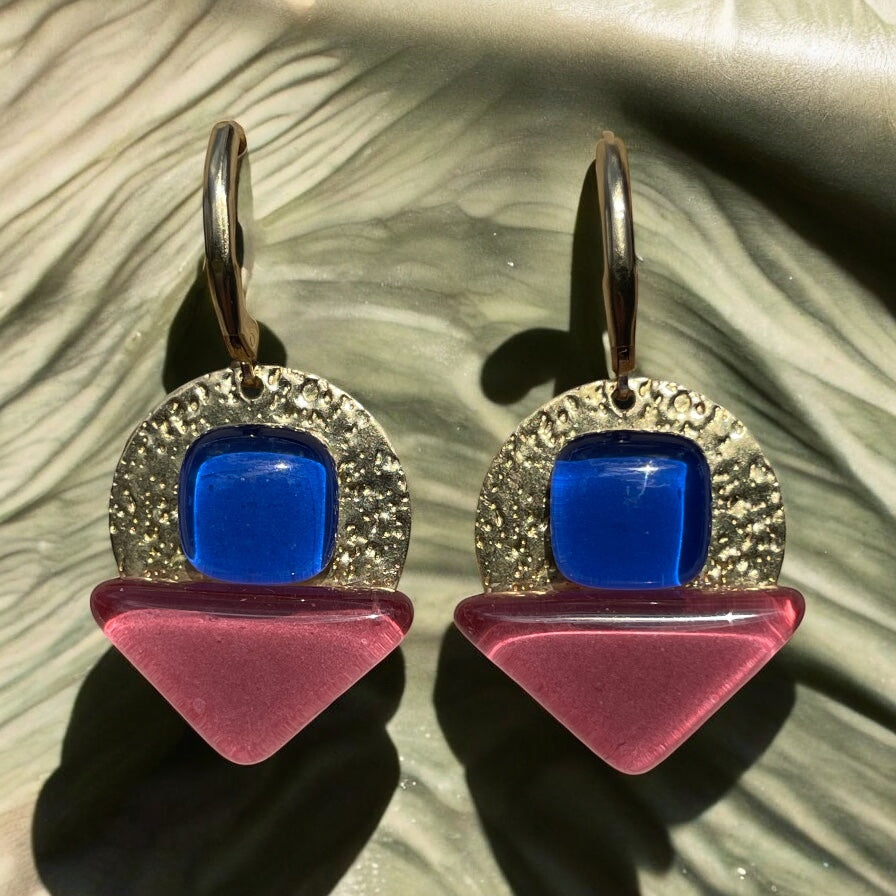 Radiant Dangle Earrings, Blue and dark pink