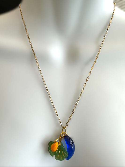 Charms Pendant Necklace, Dark Green, blue and Yellow