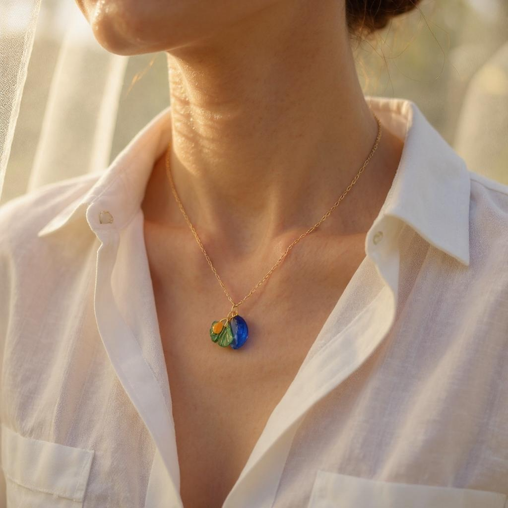 Charms Pendant Necklace, Dark Green, blue and Yellow