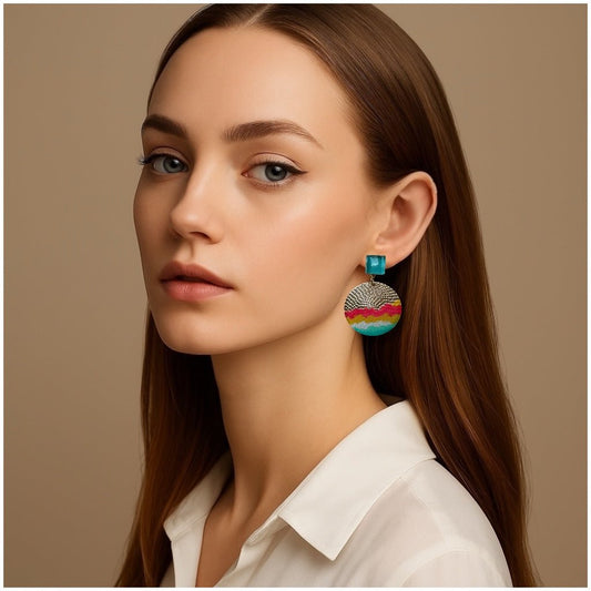 Cold Enamel, Glass & Metal Disc Earrings, Aqua, Ocre & Red - jewellery - Eclectic Blue Studio