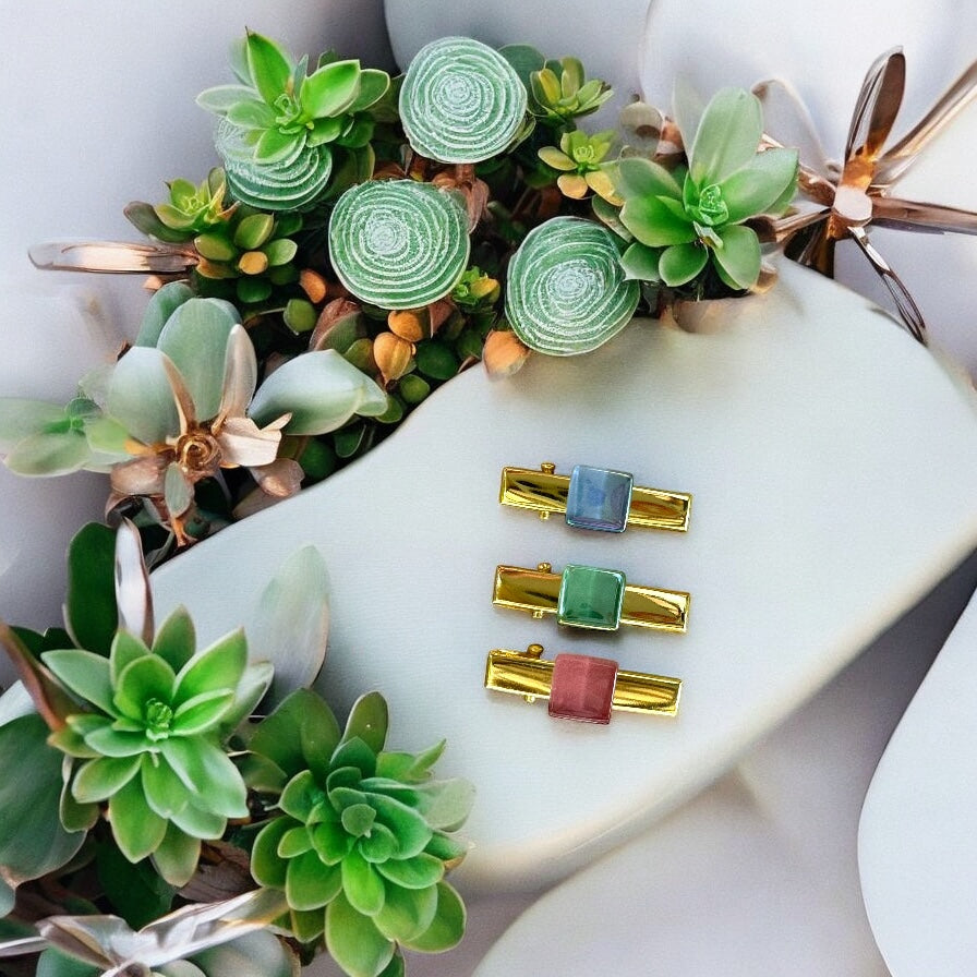 Small Hair Clips with glass square detail, Blue, Green & Dark Pink Trio