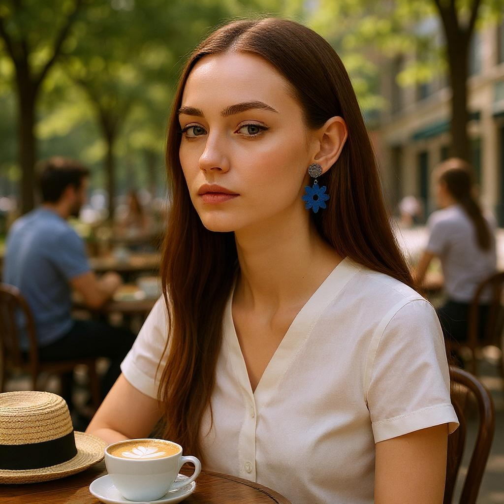 Flower II Wooden Earrings, Block Colour Dark Blue - Silver Finish
