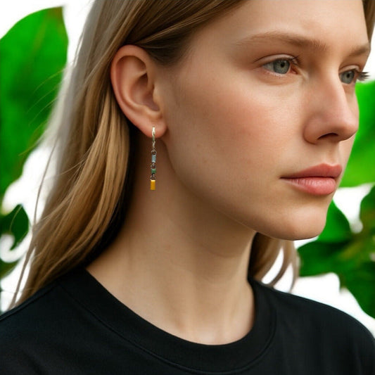 Minimal Chain Link Earrings, Clear, Green & Yellow, Long-Upcycled Ltd Edition