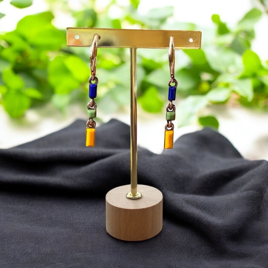 Minimal Chain Link Earrings, Blue, Green & Yellow, Long- Upcycled Ltd Edition