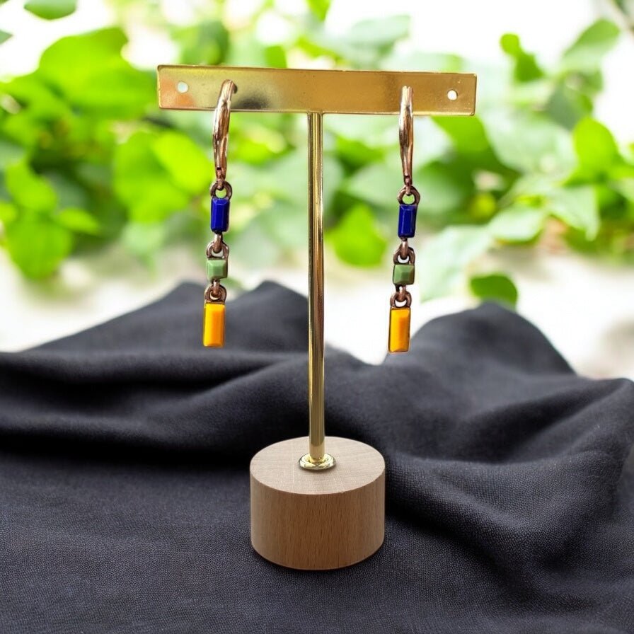 Minimal Chain Link Earrings, Blue, Green & Yellow, Long - Upcycled Ltd Edition - jewellery - Eclectic Blue Studio