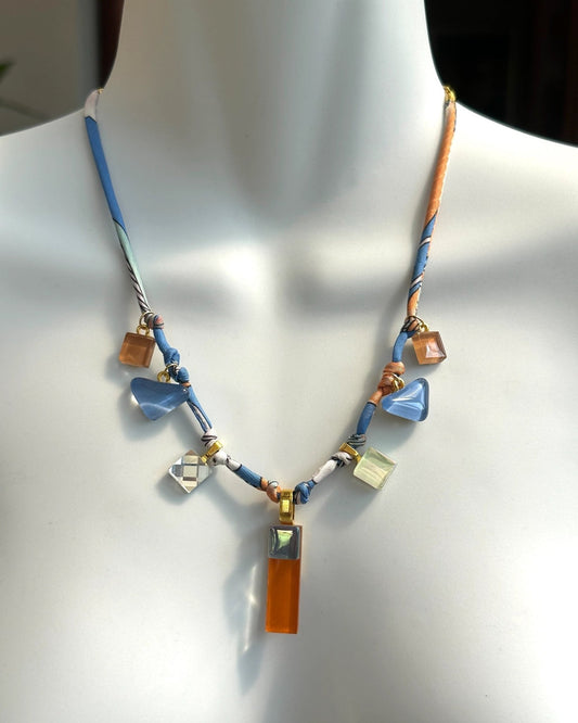 Fabric Cord Glass Charms Necklace, Blue & Orange - jewellery - Eclectic Blue Studio
