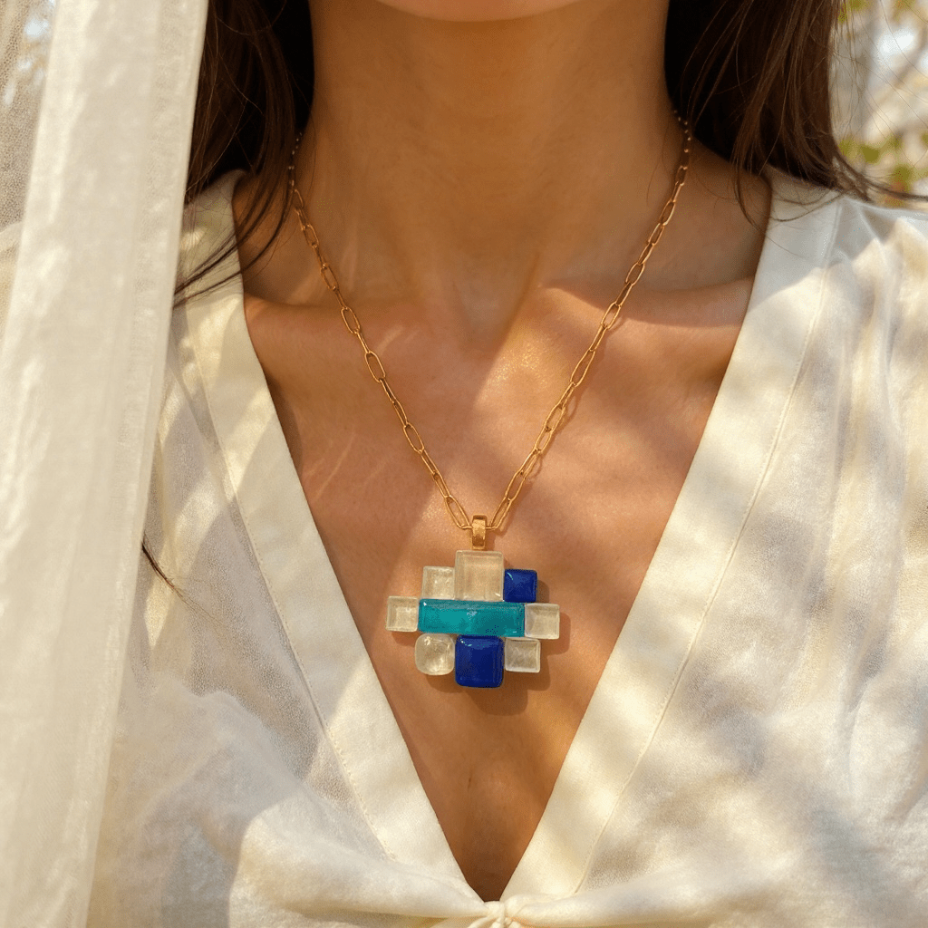 Fused Glass Multiway Abstract Pendant Necklace, White & Blue - jewellery - Eclectic Blue Studio