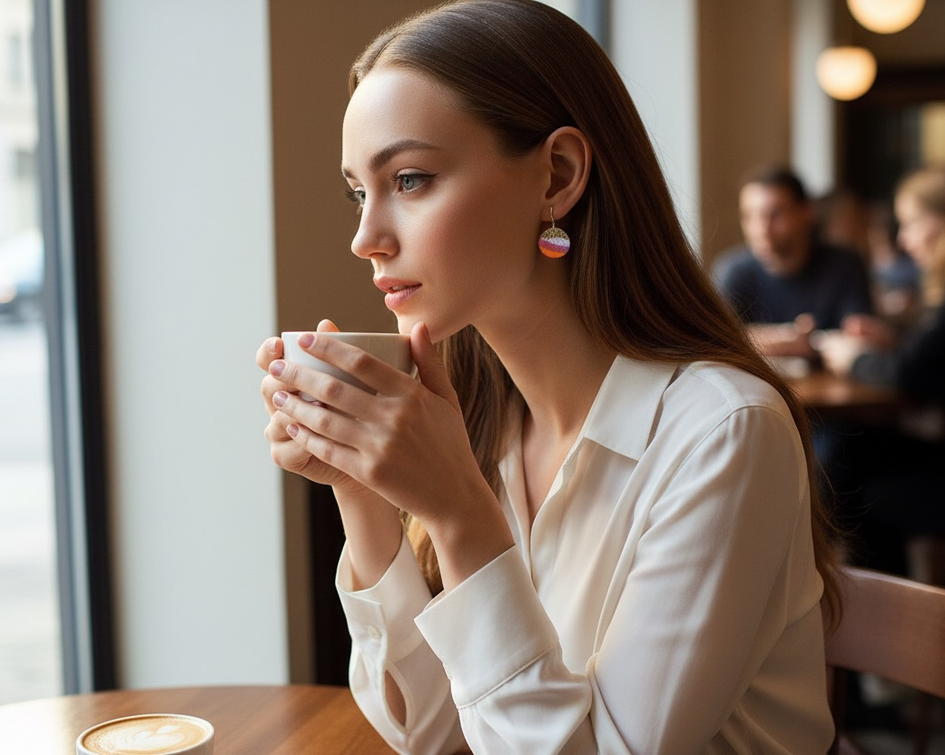 Woman sitting in a cafe holding a cup, looking out the window.