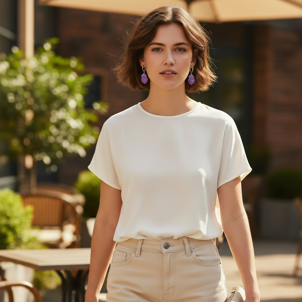 Sacred Heart Ceramic Loop Earrings - Purple