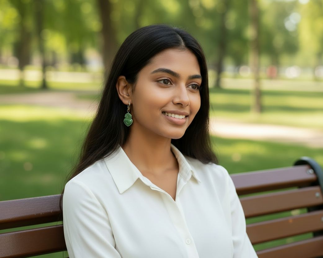 Woman seating on a park bench wearing a green heart-shaped earring with a blurred background