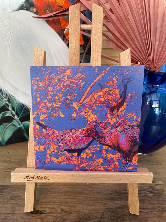 'Cock Pheasant and Three Hens', Square Greetings Card - Blank Greetings Cards - Eclectic Blue Studio