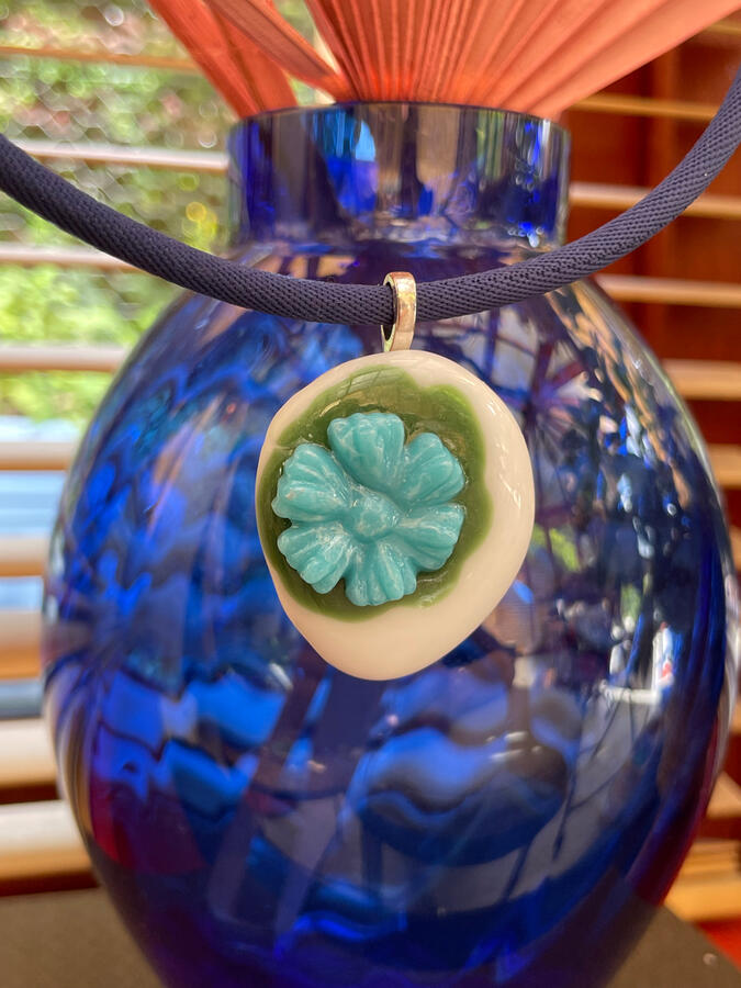 Double Sided White, Turquoise and Green Oval Fused Glass Semi-rigid Choker Necklace on Dark Blue Thick Cord