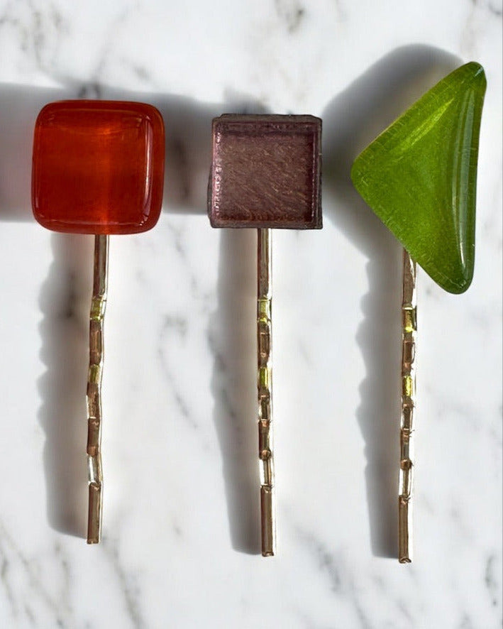 Glass Hair Pin Set, in Green, Purple & Red Orange