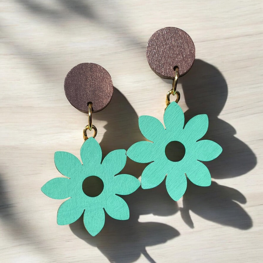 Flower II Wooden Earrings, Block Colour Aqua - Gold Finish