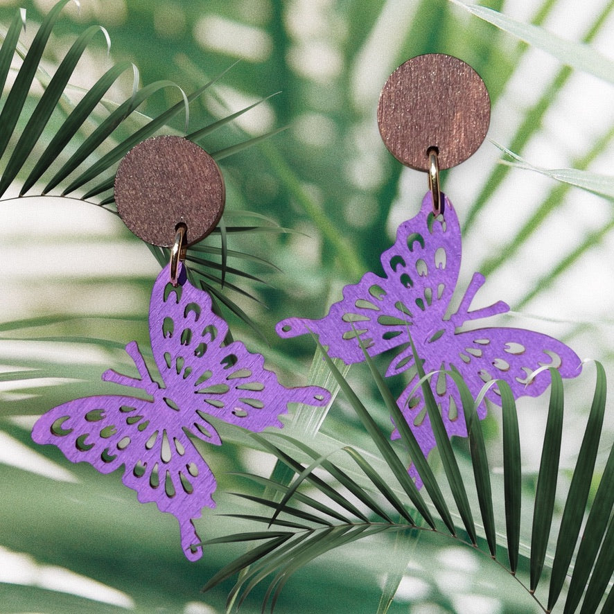 Butterfly II Wooden Earrings, Block Colour Purple - Light Gold Finish