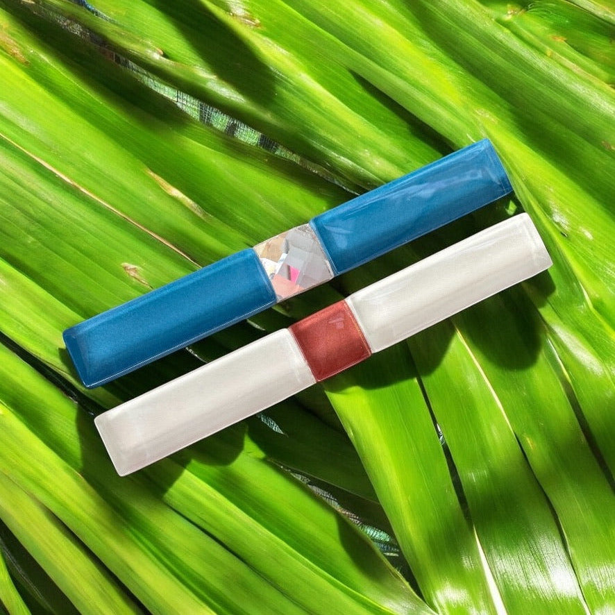 Long Glass Hair Clips, in Blue and White