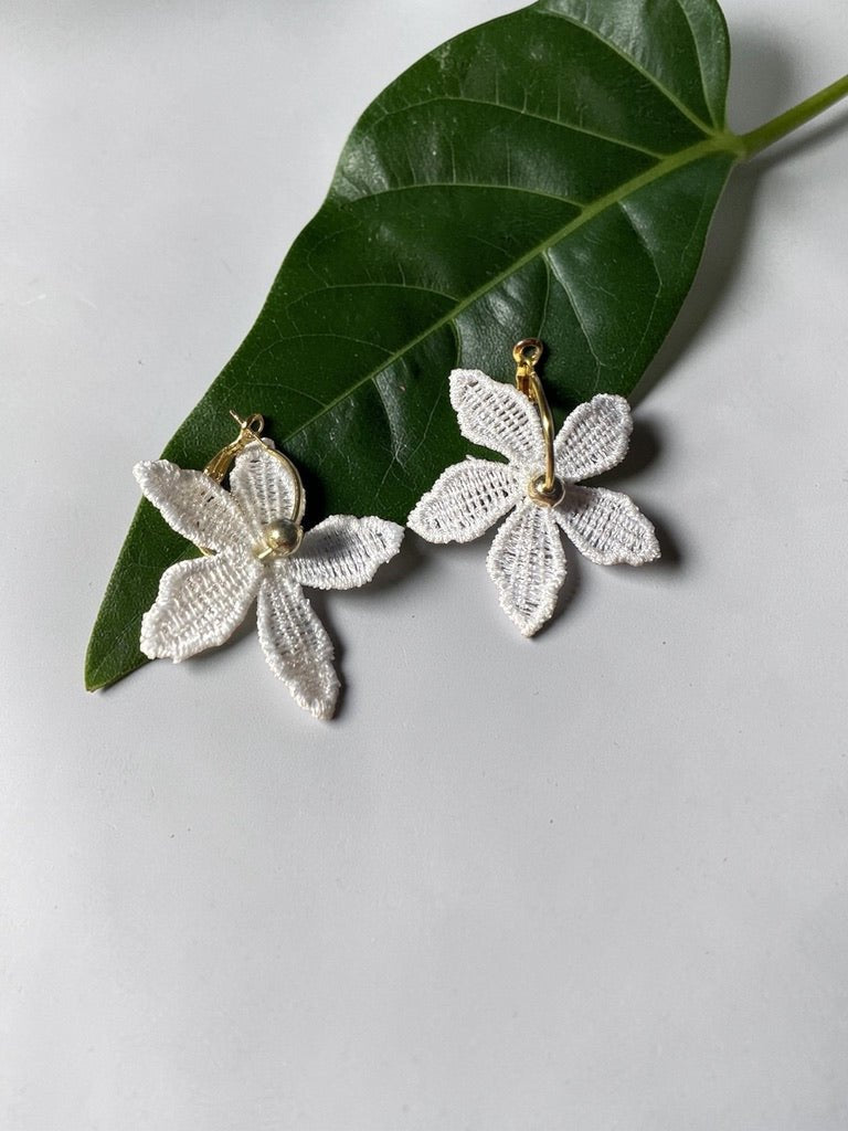 White Lace Flower Earrings - Fabric & Gold Hoop - Earrings - Eclectic Blue Studio