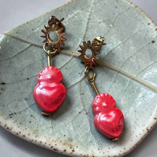 Sacred Heart Sun Disk Stud Earrings - Red