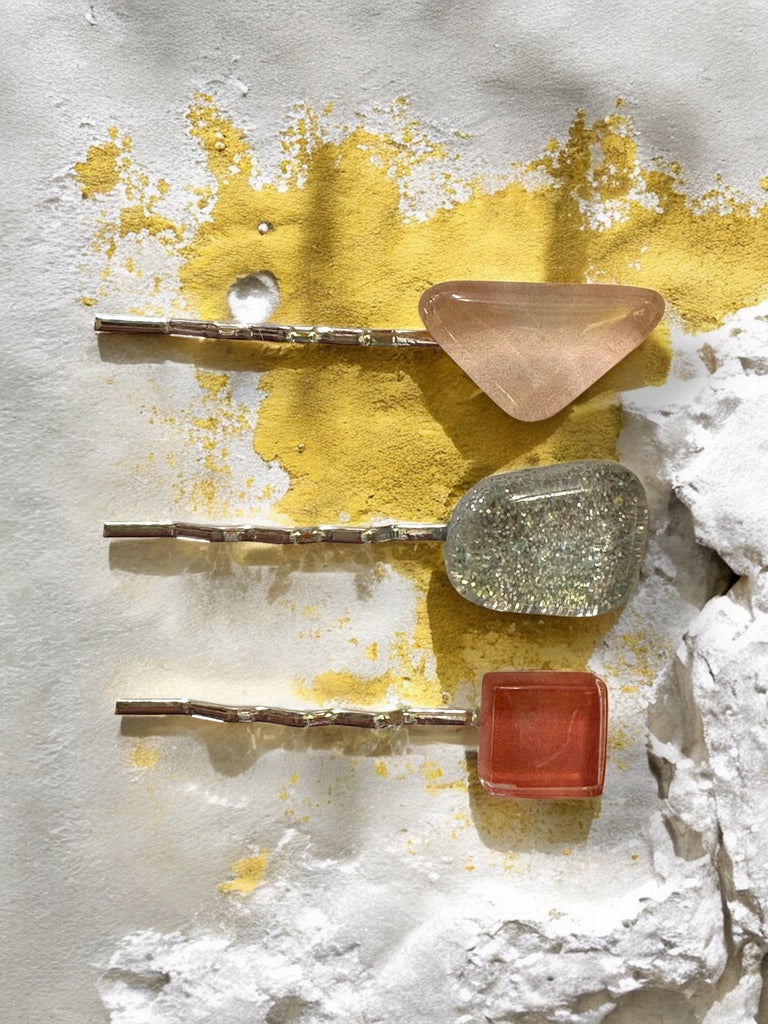 Glass Hair Pin Set, in Light Pink, Glittery Silver & Dark Pink