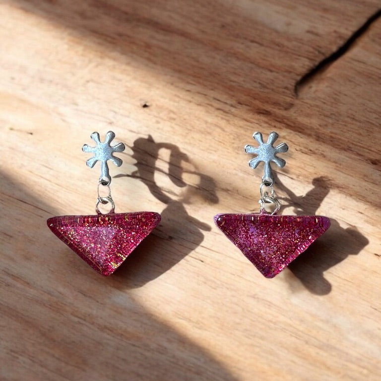 Glass Triangle Flower Stud Earrings, Magenta