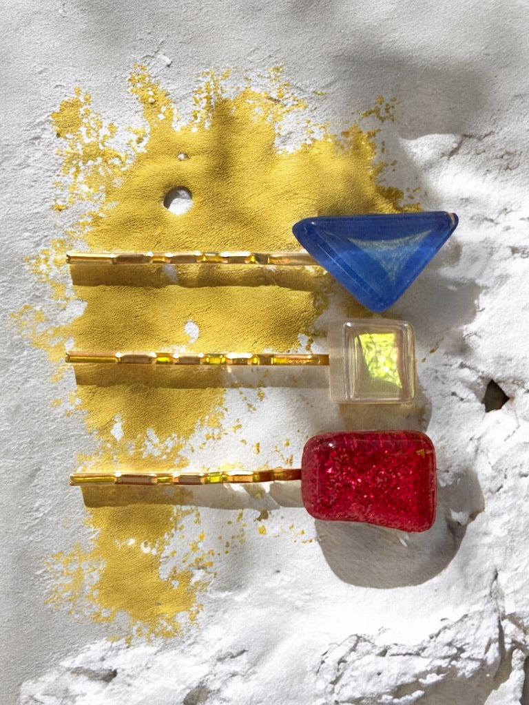 Glass Hair Pin Set, in Blue, Pearlescent White & Glittery Magenta