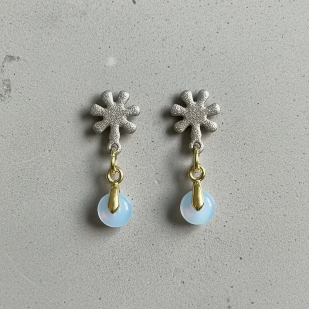 Little Flower Hand Painted Glass Earrings by Eclectic Blue Studio in Champagne and light bluegrey glass bead drop on concrete surface