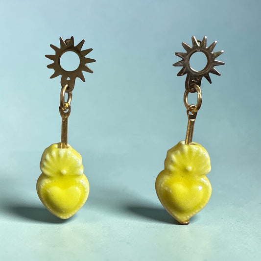 Sacred Heart Sun Disk Stud Earrings - Yellow
