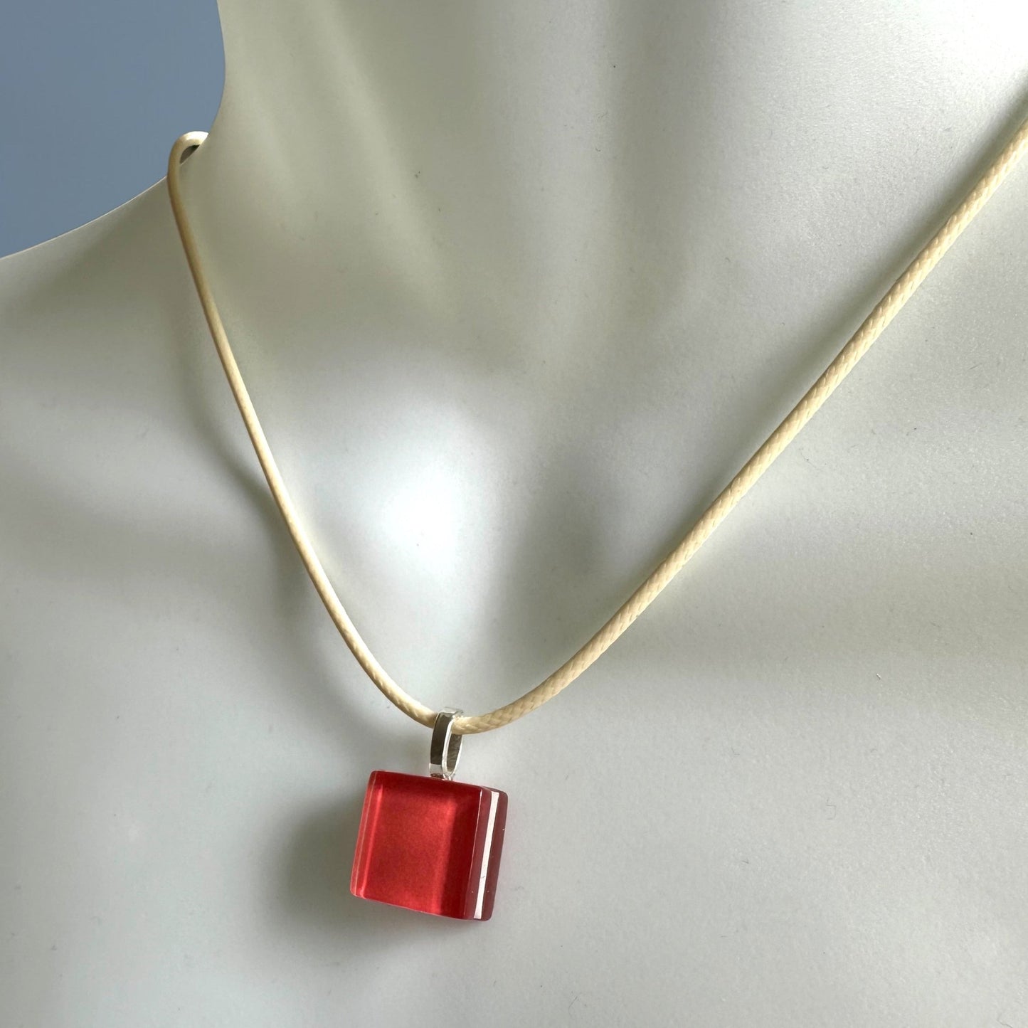 Watermelon Square Glass Pendant Necklace on Cream Waxed Cord - Necklace - Eclectic Blue Studio