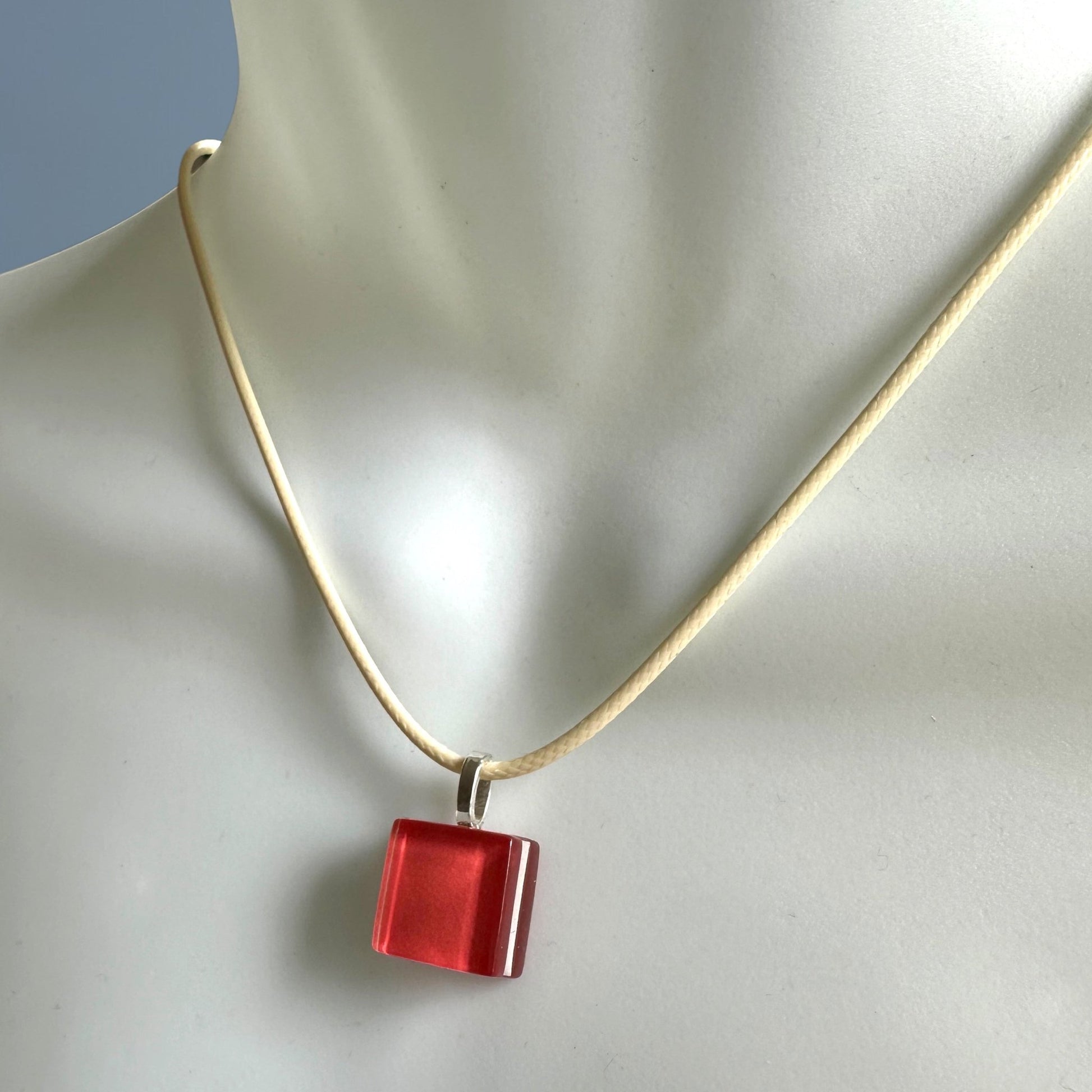 Watermelon Square Glass Pendant Necklace on Cream Waxed Cord - Necklace - Eclectic Blue Studio