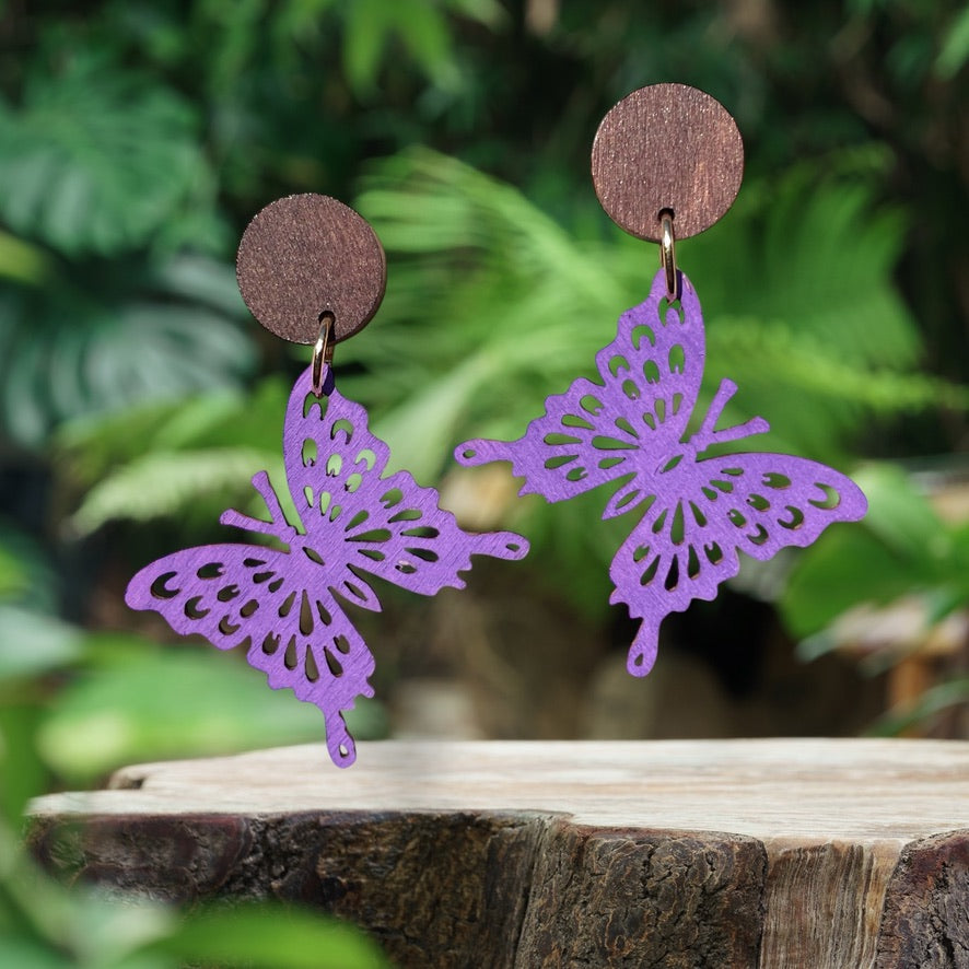 Butterfly II Wooden Earrings, Block Colour Purple - Light Gold Finish