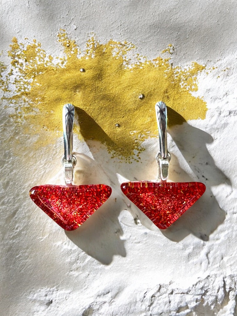 Minimal Glass Triangle Bar Stud Earrings, Reds
